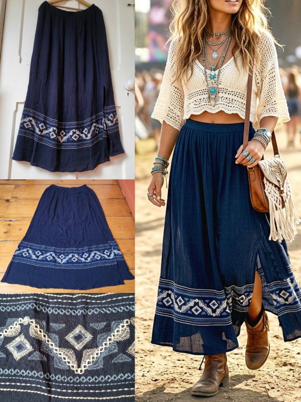 Skies Are Blue Maxi Skirt Navy Blue Embroidered Boho Size L Festival Hippie